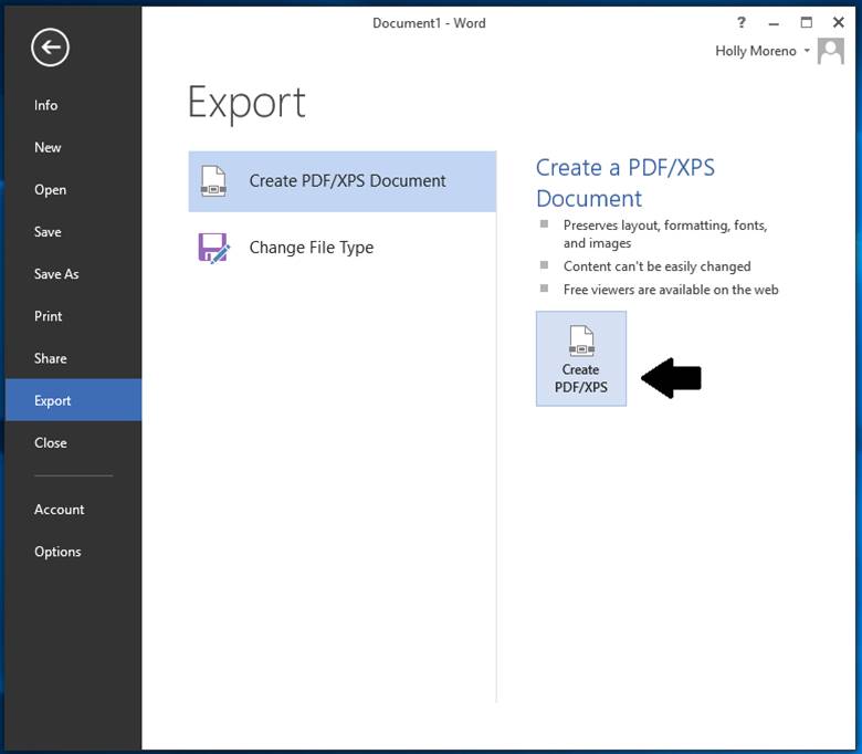 Screenshot of Export dialog in Word