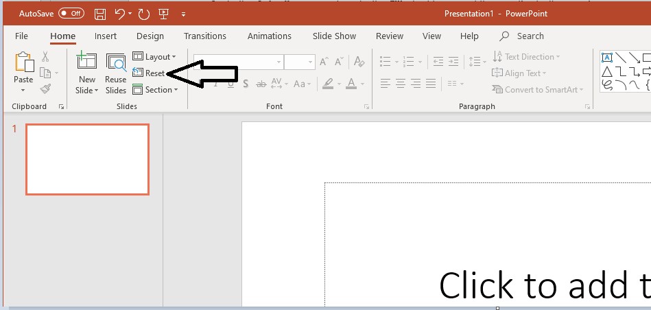 Screenshot of Slides group in Home tab